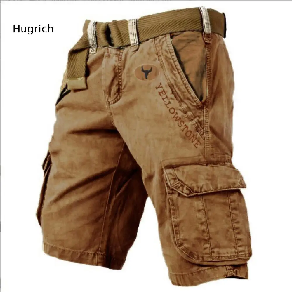Men Daily Camping Casual Bottoms Vintage Washed Cargo Style Large Side Pockets Contrast Details Woven Knee Length Shorts