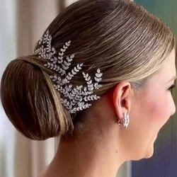 Luxury Bridal Tiara Wedding Hair Clips Jewelry Headpiece Accessories Zirconia Leaf Tiaras For Women Wedding Hair Piece Headdress