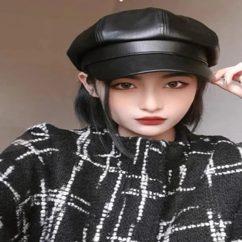 ผู้หญิง Newsboy Beret หมวก PU หนังหมวก Visor Elegant สไตล์อังกฤษ 8 แผงหมวกแปดเหลี่ยม