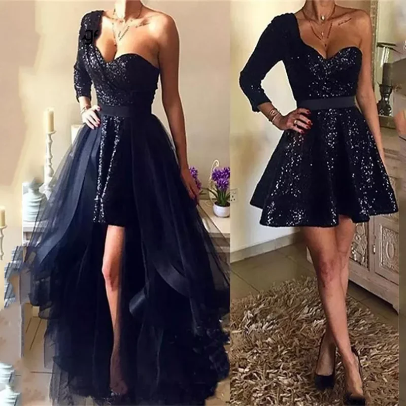 

Elegant Sequin Mini Prom Dresses Sexy Sweetheart Neck High And Low One Shoulder Detachable Train Formal Evening Party Gowns 2023