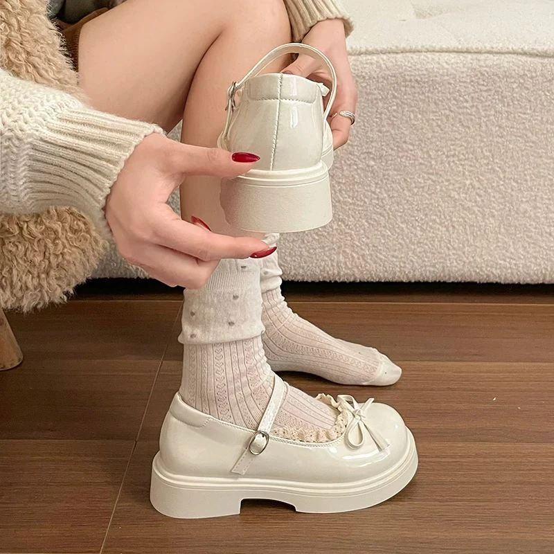 Mumoresip Girls Mary Jane Shoes New Sweet Lace Trim Bowknot Children Princess Shoes Thick Bottom Lolita Kids Dress Leather Shoes