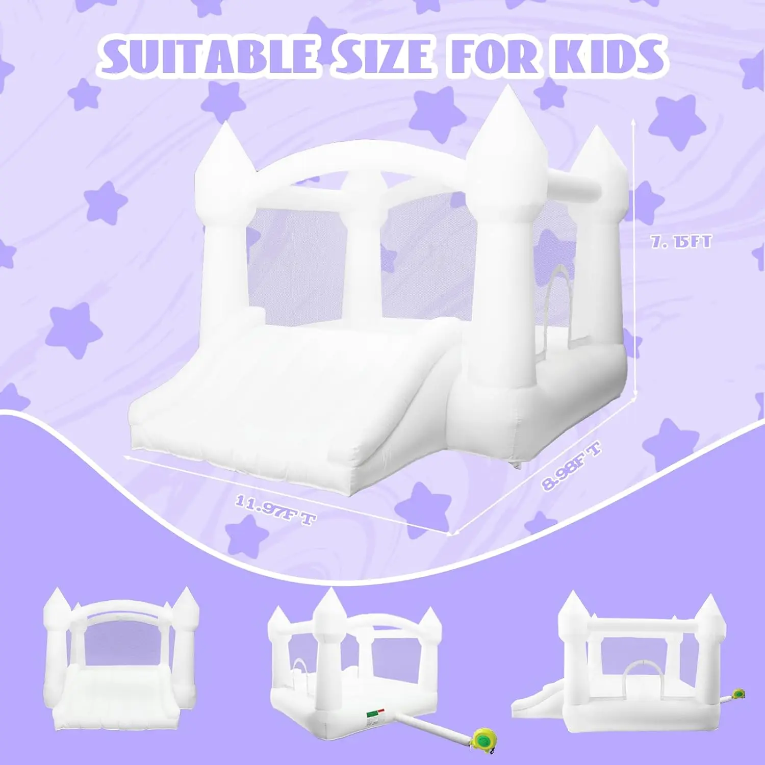 Nadmuchiwany domek do skakania White Castle 3,6 m x 2,7 m x 2,2 m, do użytku wewnątrz i na zewnątrz, z zjeżdżalnią i dmuchawą.