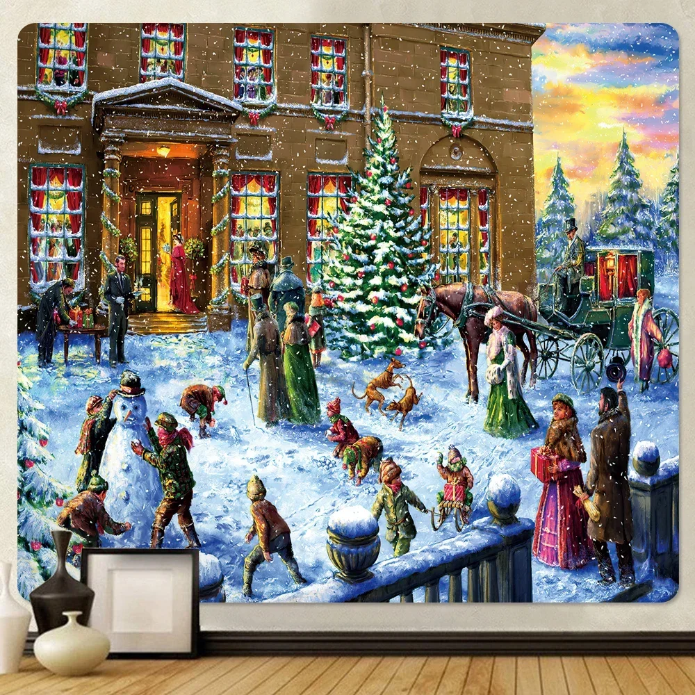 Christmas snow scene oil painting home decoration tapestry hippie bohemian psychedelic scene forest wall decoration beach towel