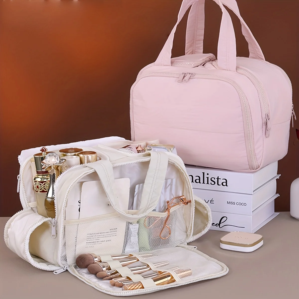 Portable Side Zipper Fabric Cosmetic Storage Bag Large Capacity For Business Trips Toiletries Organizing Bag Makeup Beauty Bags