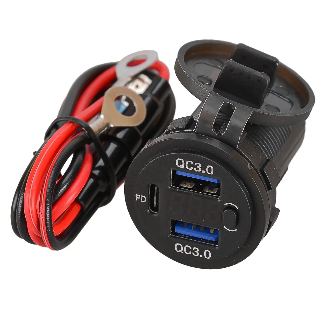 2-USB PD Type-C Car Charger Outlet Socket Adapter QC3.0 Fast Charging Panel Plug Wire Cable Accessories Red LED