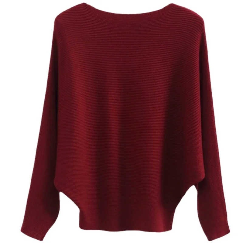 New Autumn and Winter Women's Knitted Sweater with a One Necked Bat Shaped Sweater and a Loose Threaded All Match Top