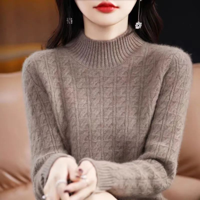 เสื้อสเวตเตอร์แคชเมียร์ผู้หญิง ฤดูใบไม้ร่วง ฤดูหนาว แบบใหม่ คอเต่าครึ่งตัว ผ้าถักหนา ทรงหลวม สีพื้น
