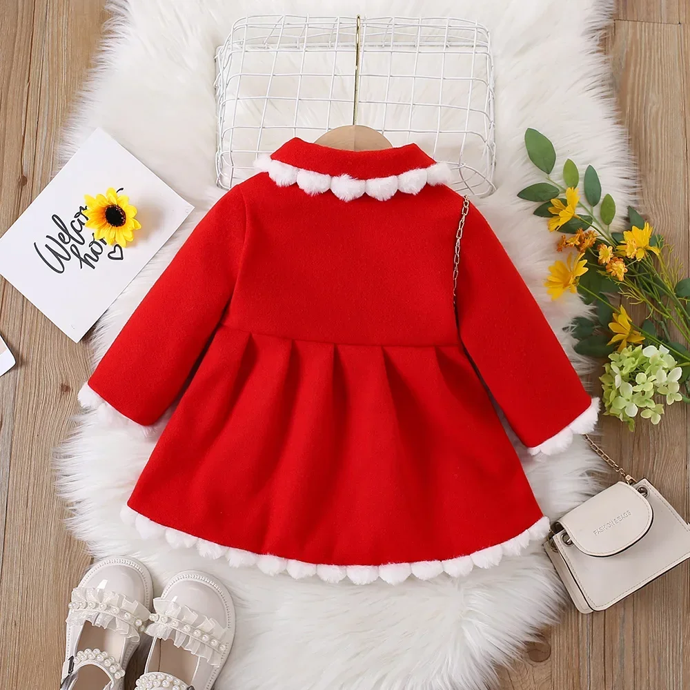 Winter New Woolen Coat for Baby Girls Coat Coat Coat Furry Lapel Bow Long Sleeve Warm Fashion Coat (0-3 Years Old)