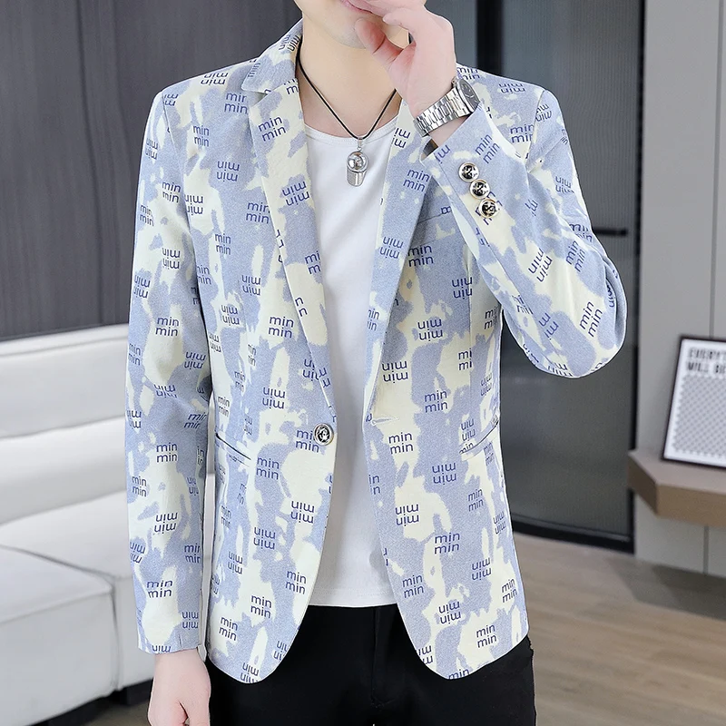 

Мужской новый пиджак в корейском стиле с буквенным принтом, повседневный, приталенный, молодежный, модный, формальный, для вечеринок