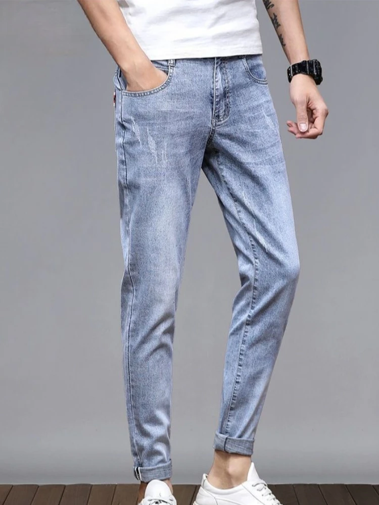 Men Summer Thin Slim Fit Stretch Jeans Korean Style 9 Points Casual Trousers Fashion Elastic Skinny Pants 2026