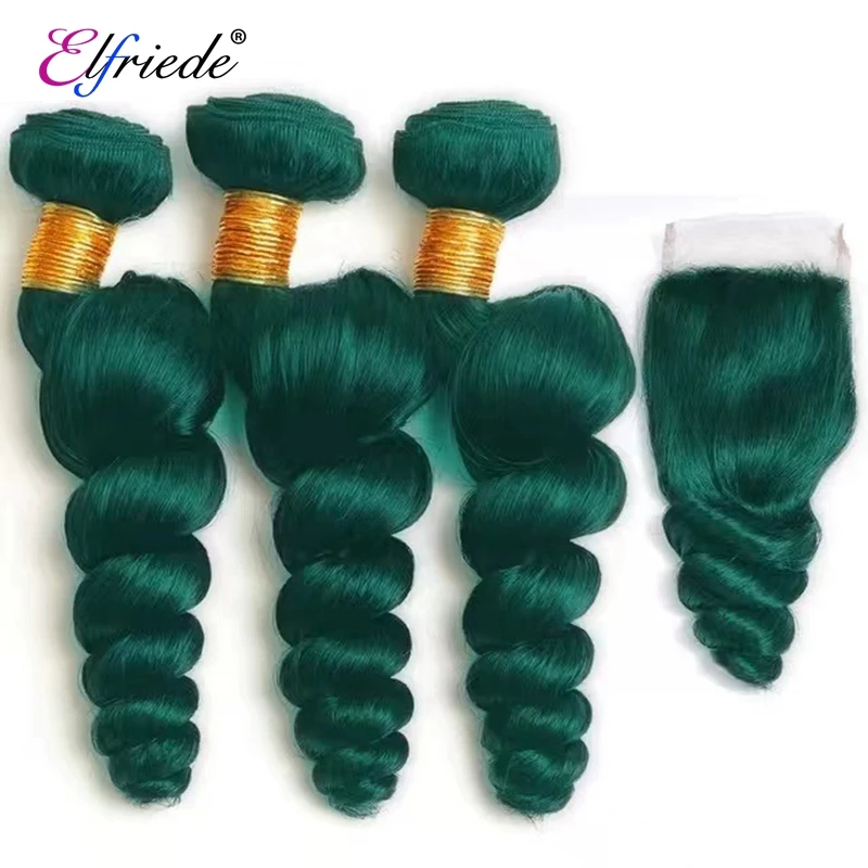 Elfriade-mechones de pelo ondulado con cierre, cabello humano brasileño Remy, 3 mechones con cierre de encaje transparente 4x4, color verde