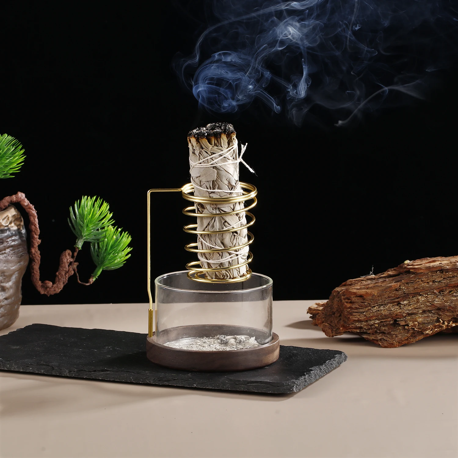 Metal Sage Holder Burner Palo Santo Holder with Glass Ash Catcher Tray Incense Holder for Meditation Yoga Spa