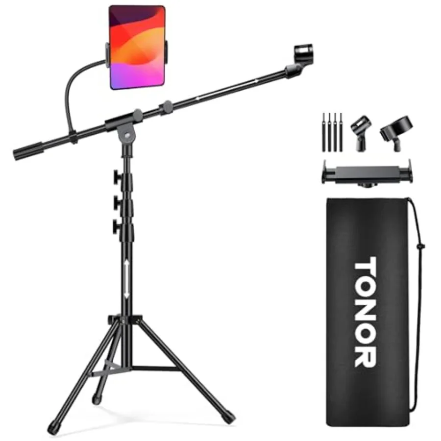 

Microphone Stand with Tablet Holder Tripod Boom Arm for Floor Adjustable Height and Angle Heavy Duty Stand with Carrying Bag S