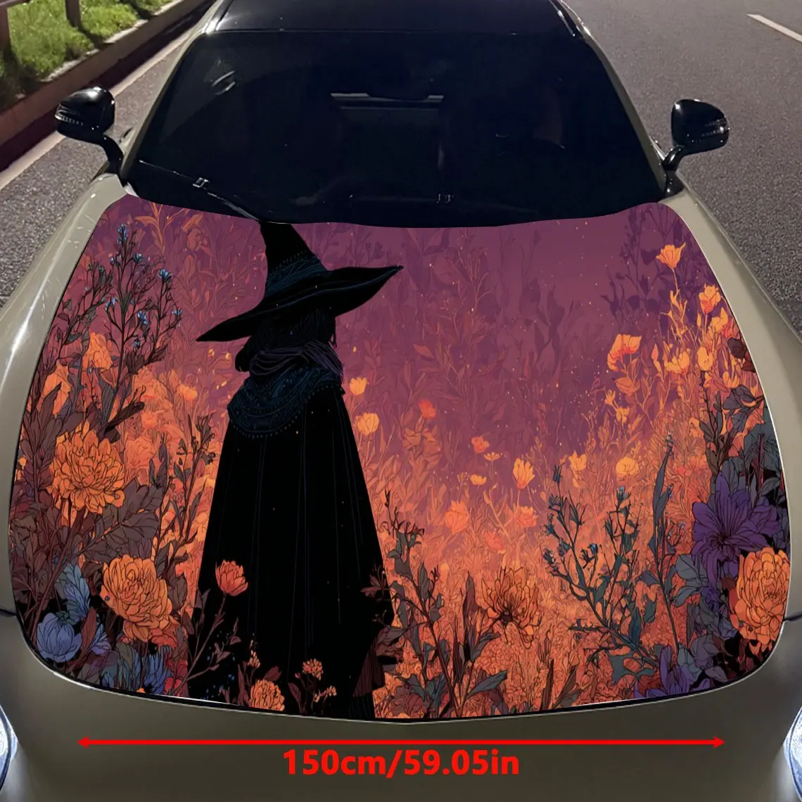 Mysterious Witch in Flower Field Car Hood Vinyl Wraps Sticker, Fashionable Auto Cover PVC Decal, Waterproof Self-adhesive Vehicl