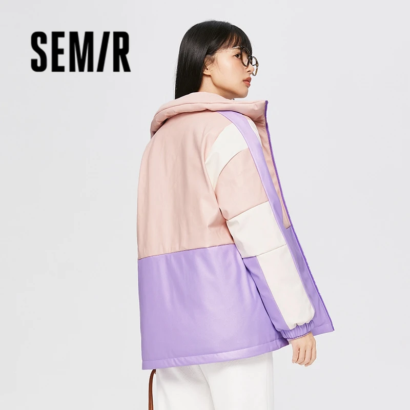 Semir Down Jacket Women Mid-Length PU Imitation Leather Color Matching Stand-Up Collar 2023 Winter New Loose Trendy Top