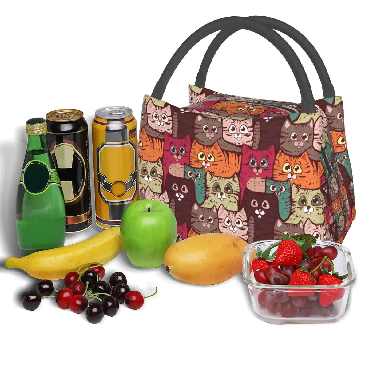 Cute Cartoon Colorful Cats Lunch Bag Animals Portable Zipper Lunch Box Picnic Design Cooler Bag Aesthetic Thermal Tote Handbags