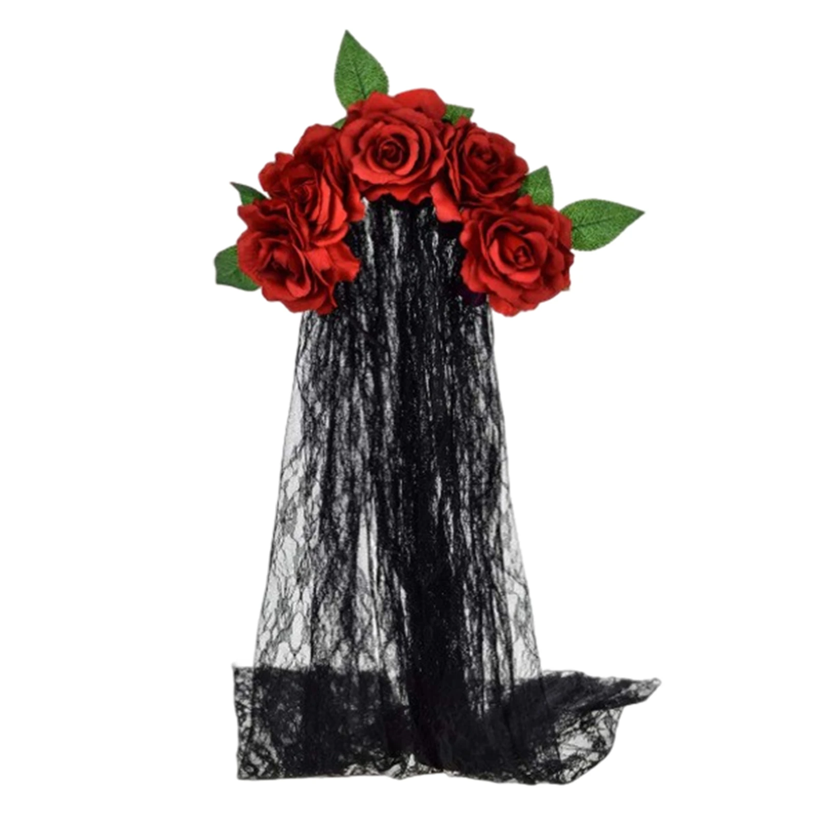 

Halloween headband with faux rose floral wreath gothic lace veil spooky bride accessory dark hairpiece party hair decoration