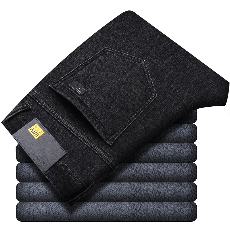 Thick Winter Men\'s Fleece Jeans Casual Straight Comfortable Cotton Warm Plush Black Gray Elastic Denim Trousers Male Brand