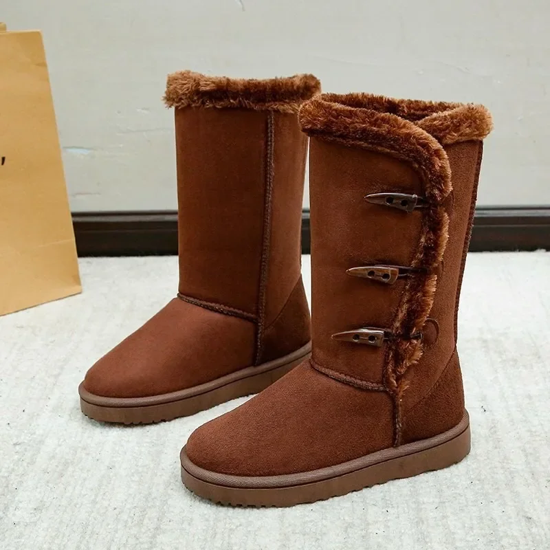 Thick Sole Women Fluffy Plush Suede Snow Boots Horn Buckle Velvet Warm Flat Bottom Boots Non-slip Platform Boots Botas De Mujer