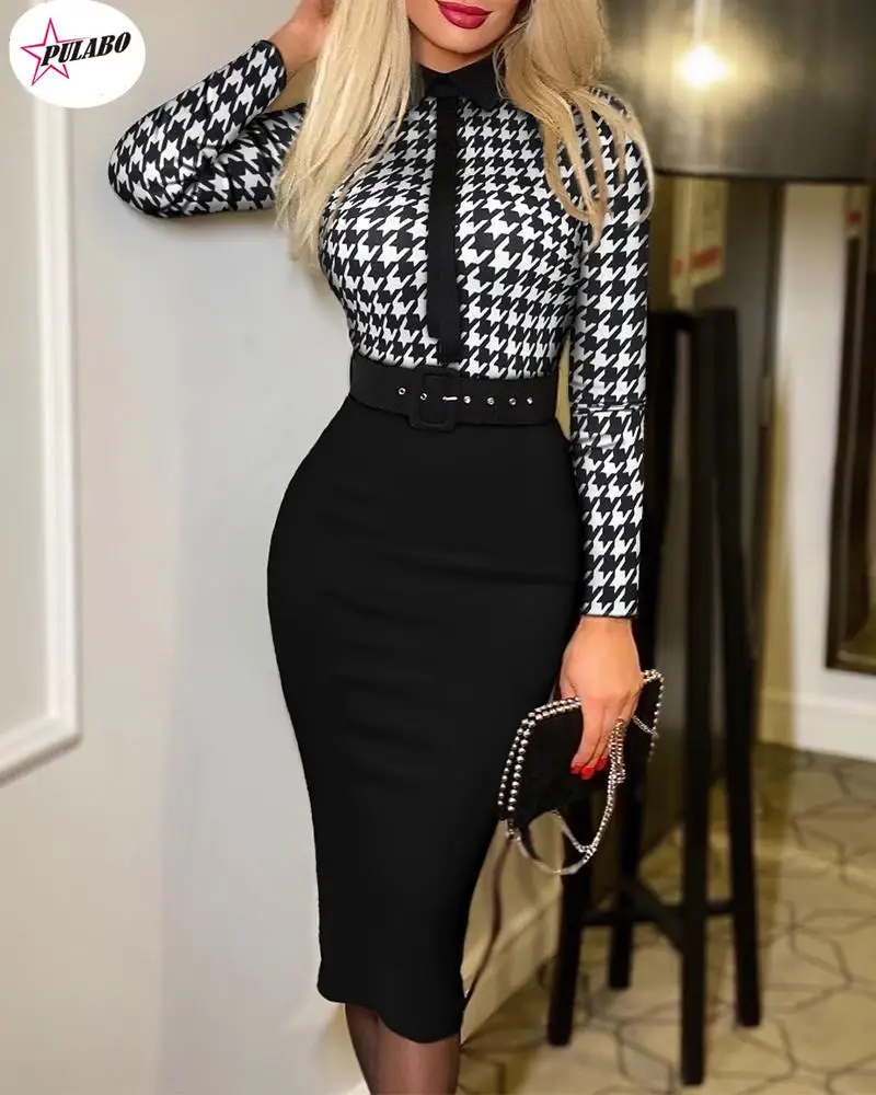 

PULABO Print Long Sleeve Work Elegant Office Lady With Belt Waist Tight Midi Party Ladies Evening Casual Feminine Female Female