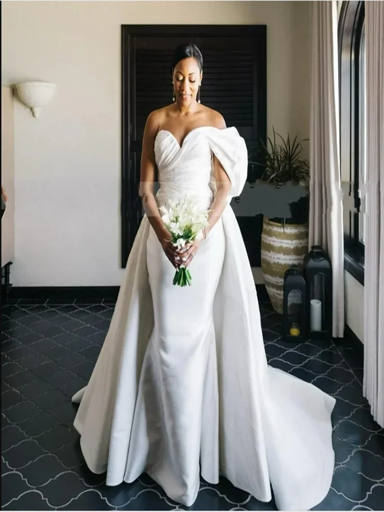 Robe De mariée De campagne plissée en Satin, asymétrique épaule dénudée, personnalisée, avec jupe amovible, grande taille, robes De mariée Vintage