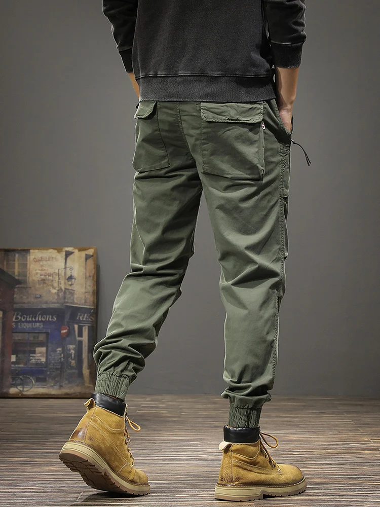 Casual Elastic Waist Pencil Pants Men Streetwear Green Cotton Stretch Slim Fit Drawstring Jogging Trousers