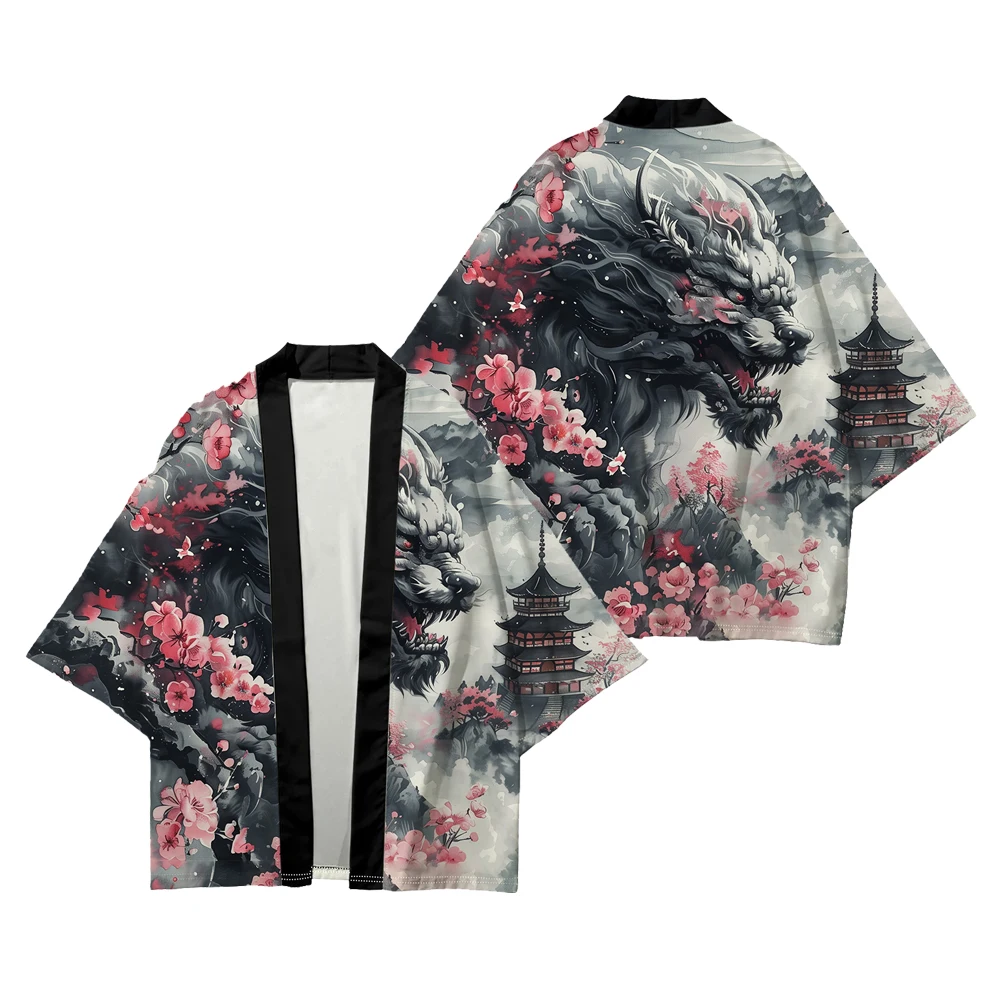 Japanese Anime Dragon Print Kimono Mythical Beast Kirin Graphic Cardigan Yukata Women Men Traditional Samurai Robe Cosplay Shirt