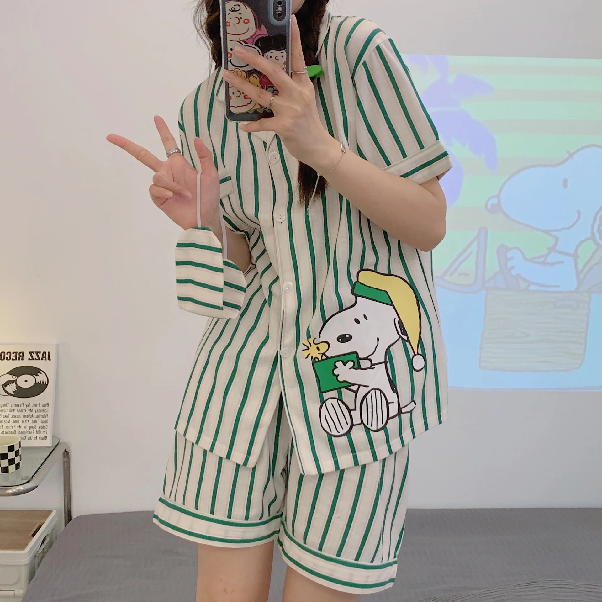 Anime Women's Snoopy Pajama Set 2Pcs Summer Green Striped Short Sleeve Shirt + Shorts Cartoon Print Fashion Sleepwear Homewear