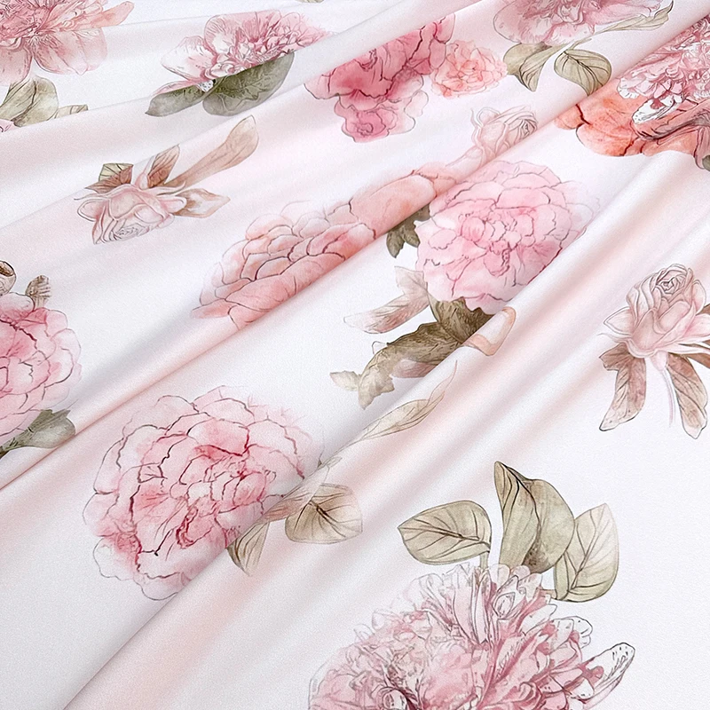 

Light Pink Hibiscus Elastic Silk Double Qiao Satin Mulberry Silk Fabric Handmade DIY Clothing Dress Sewing Material By The Yard