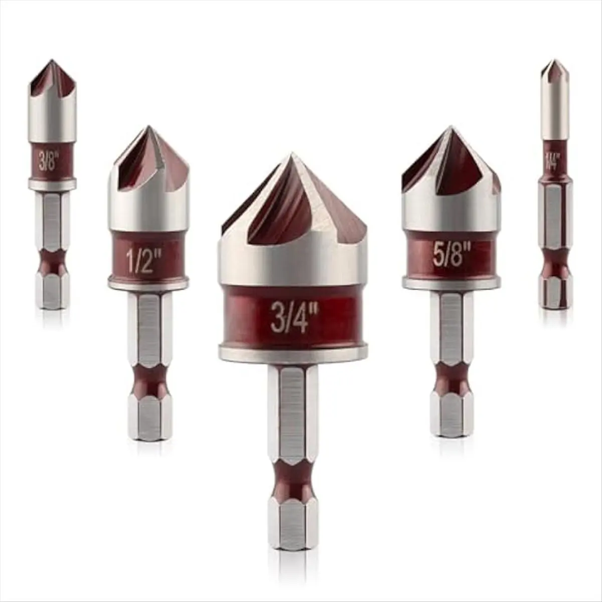MALL 5PCS Countersink Drill Bit Set,82Degree 5 Flute HSS Countersink Bit, 1/4 Inch 3/8 Inch 1/2 Inch 5/8 Inch 3/4 Inch