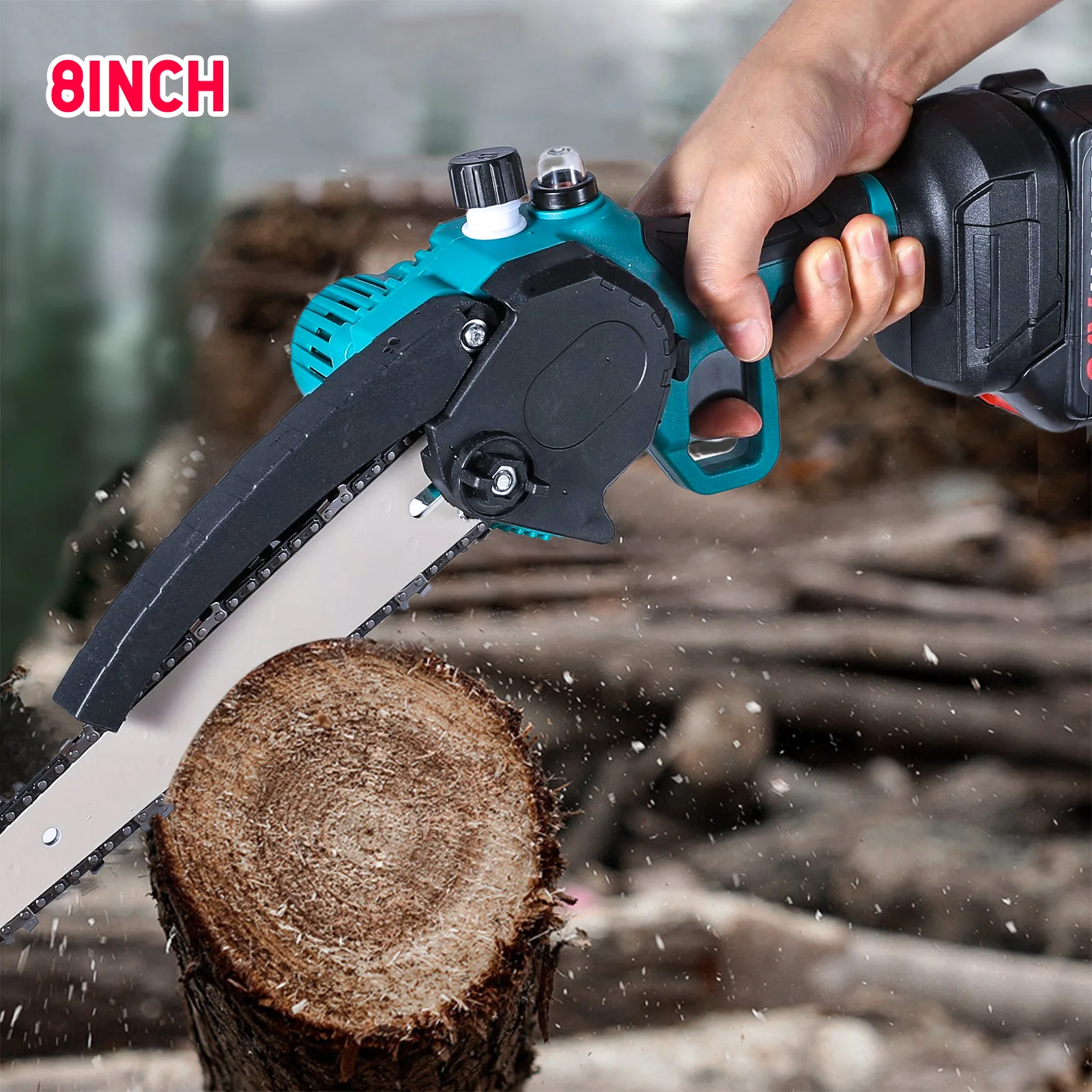 21 V 8-Zoll-Mini-Kettensäge, leistungsstark, kabellos, wiederaufladbar, kleine elektrische Säge, Beschneiden, Gartengerät für Makita 18 V Akku – Detail 6