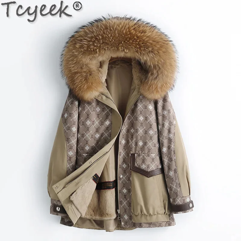 Abrigo de forro de conejo Tcyeek Rex de longitud media para mujer, Parka elegante, chaqueta de invierno, abrigos cálidos con Cuello de piel de zorro, ropa para mujer