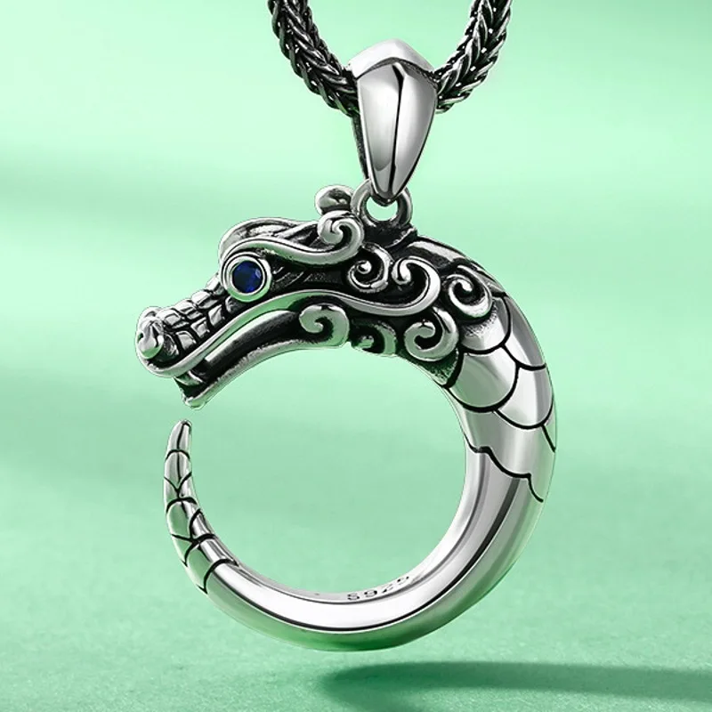 

Real Solid 925 Sterling Silver Men Women Lucky Retro Carved Dragon Circle Pendant 13.7g