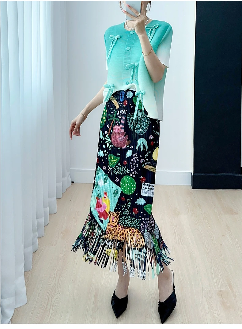 

HOT SELLING Miyake fold fashion print straight Nimble fringe black skirt IN STOCK