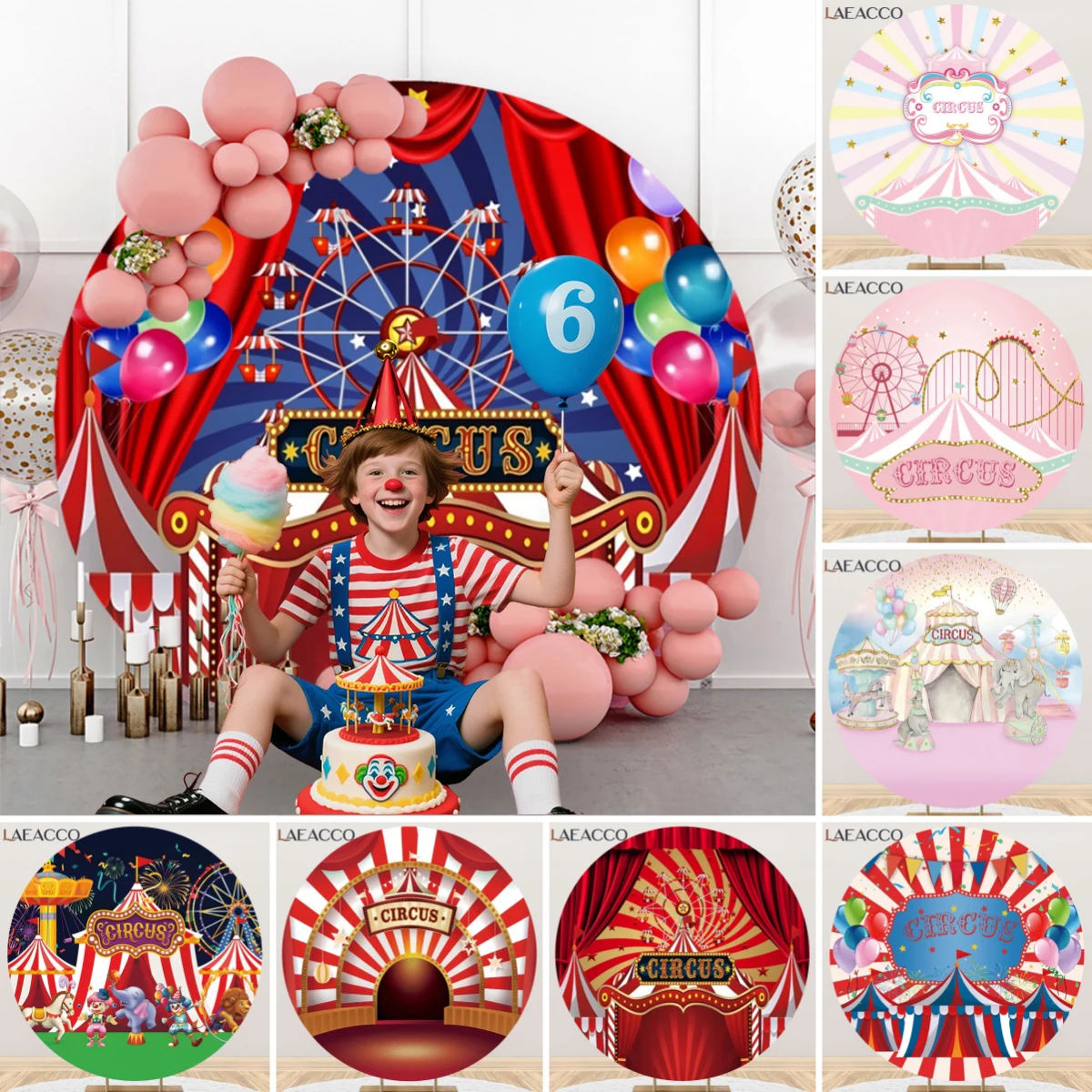 

Circus Kids' Birthday Round Photography Background Circus Tents Ferris Wheels Clowns Party for Child Party Circle Shoot Backdrop