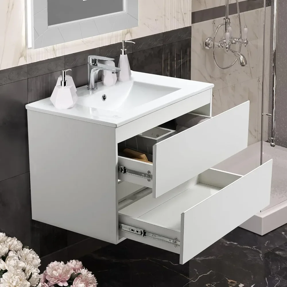 

30" White Bathroom Vanity Wall Mounted Floating Vanity Two Drawers Storage Cabinet with Ceramic Integrated Sink, Vanity Sink Set