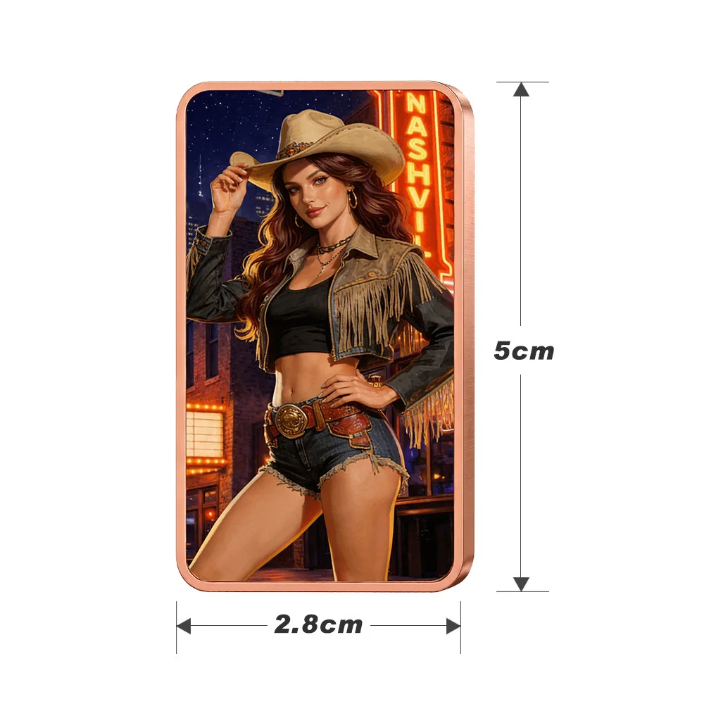 1oz .999 Fine Copper Bar Country Western Girl Nashville Neon Sign Fringe Jacket Denim Shorts Belt Buckle Art Retro Gift
