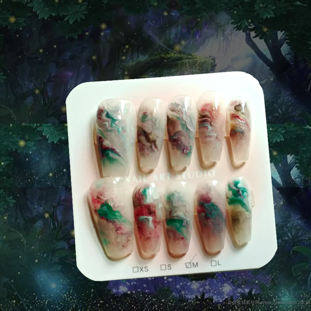 10Pcs Press on N ails  Handmade New Pattern  In Summer The Ice is Cool and Refreshing Misty Wonderland  Smudging Stick-on nail