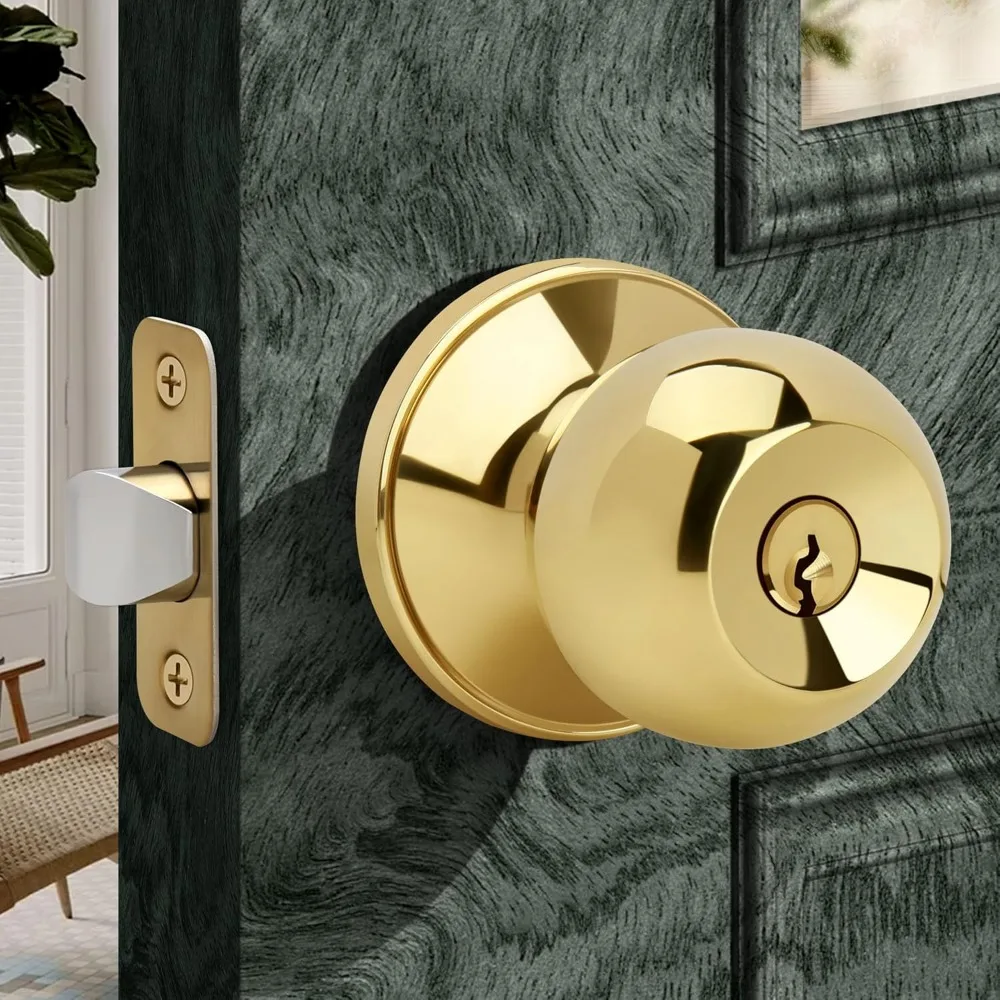 

Round Ball Style Entry Door Knob, Locking Interior Door Knob with Keys, Keyed Doorknob for Front Entrance, Polished Brass Finis