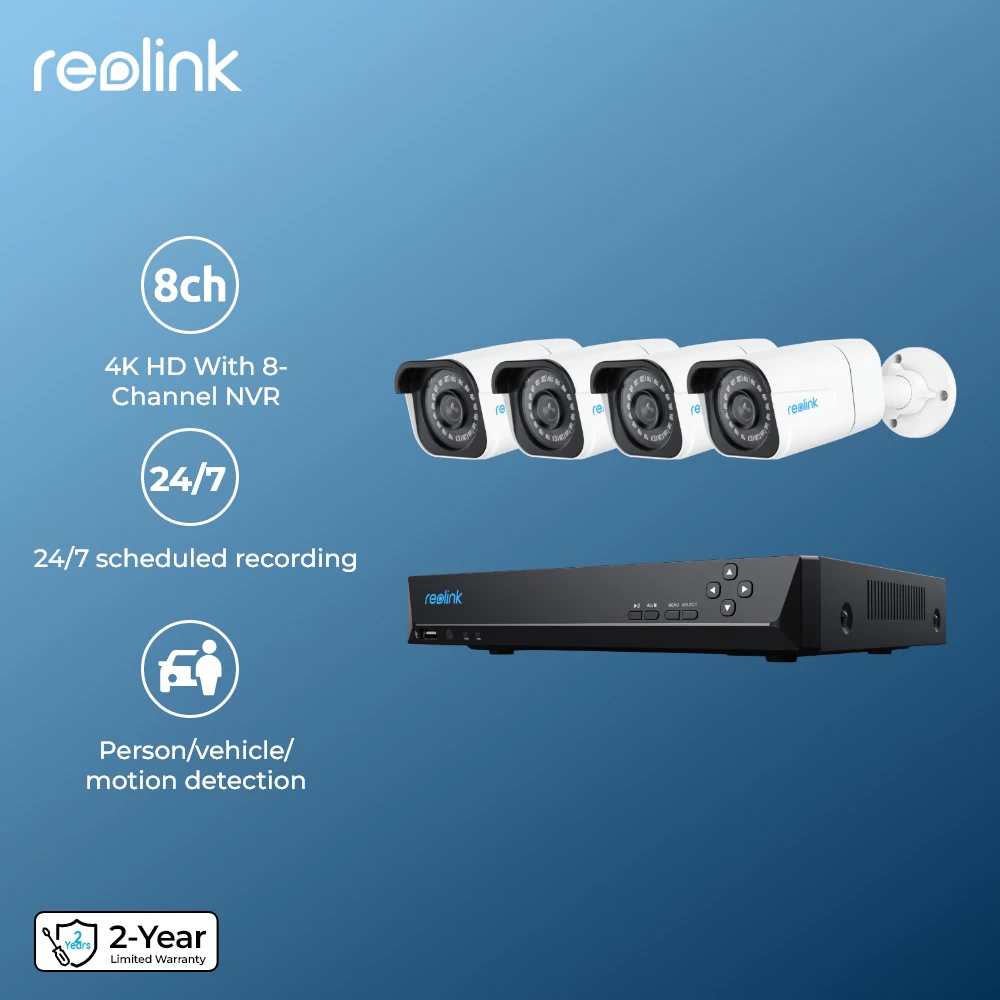 Reolink 4K Security Camera System 8MP 24/7 Recording PoE IP Cam CCTV Video Surveillance Camera NVR Kit RLK8-800B4 / RLK8-800D4