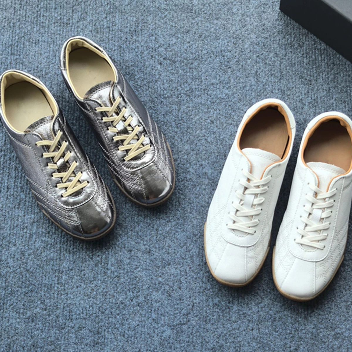 

Jenny&DaveNordic Minimalist Genuine Leather Training Shoes Lace-up Flat Sports Shoes Casual Round Toe White Sneakers Shoes Women