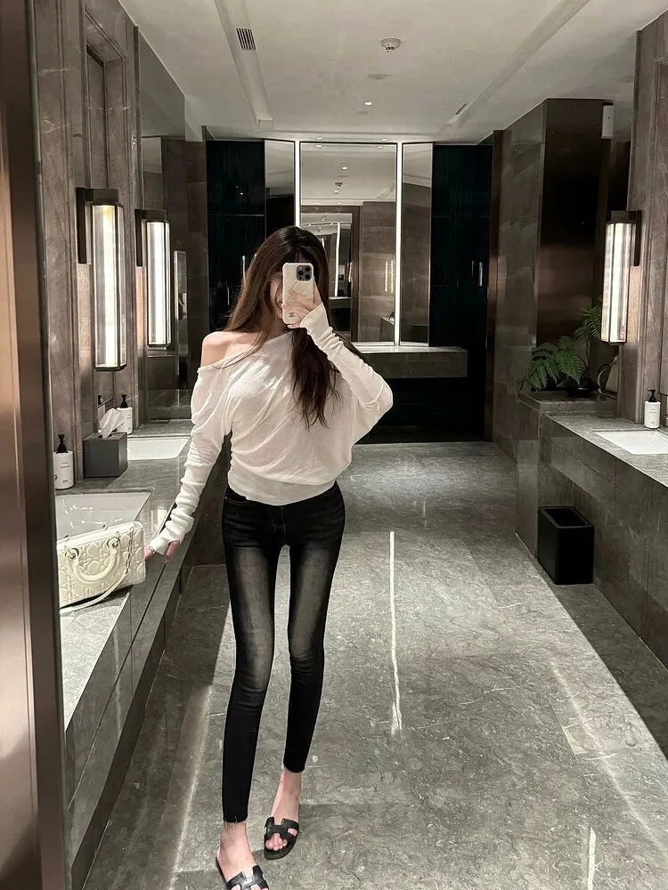 

Vintage Korean Sle Slim Fit Bootcut Jeans Women's Bla Fce Lined Thiened Autumn Winter Retro Distred