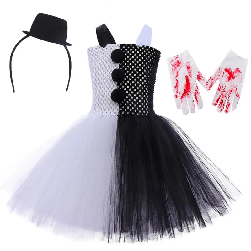أزياء الهالوين للأطفال للمهرج الرهابي للعب الأدوار، فستان توتو للفتيات باللونين الأبيض والأسود