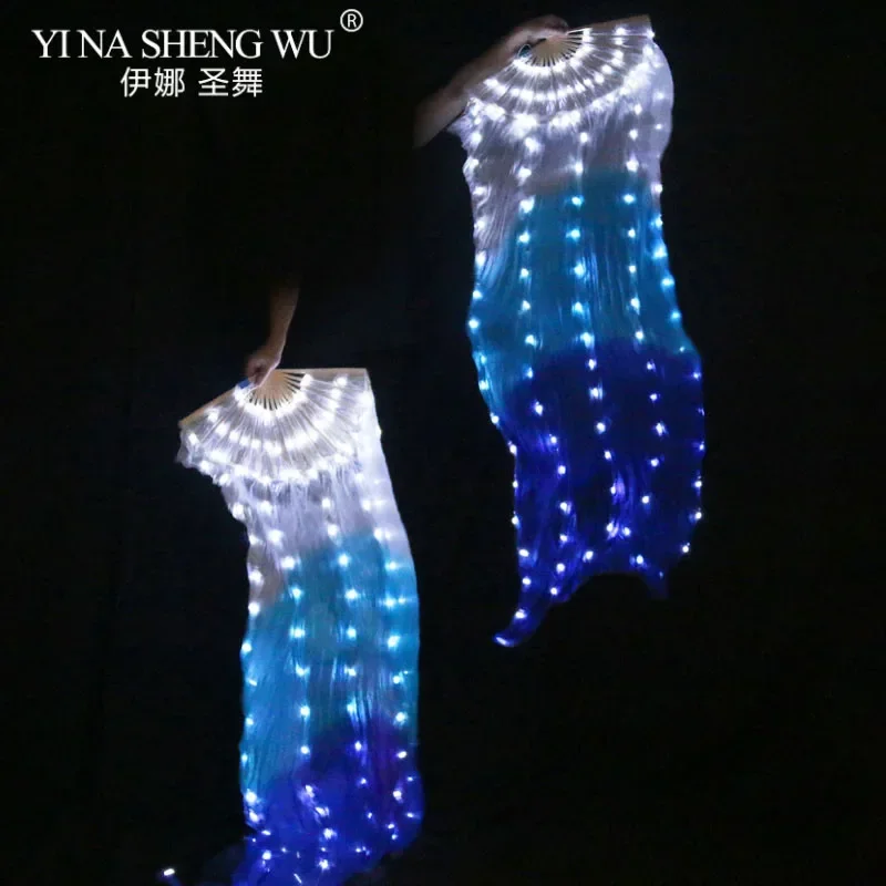 1 قطعة اليمين/اليسار الرقص الشرقي Led الحرير المشجعين 100% الحرير 180x90 سنتيمتر الأبيض قوس قزح الرقص LED المشجعين مرحلة الأداء الدعائم مع بطاريات