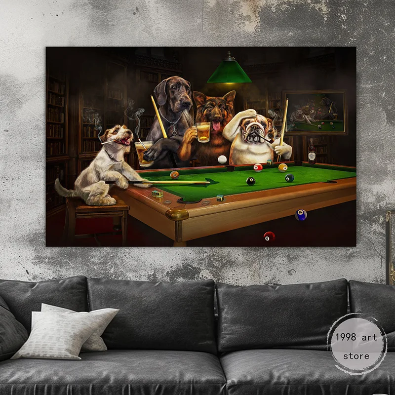 

Funny Animal Dogs Playing Billiards Smoking Billiard Room Art Poster Canvas Painting Wall Prints Picture Living Room Home Decor