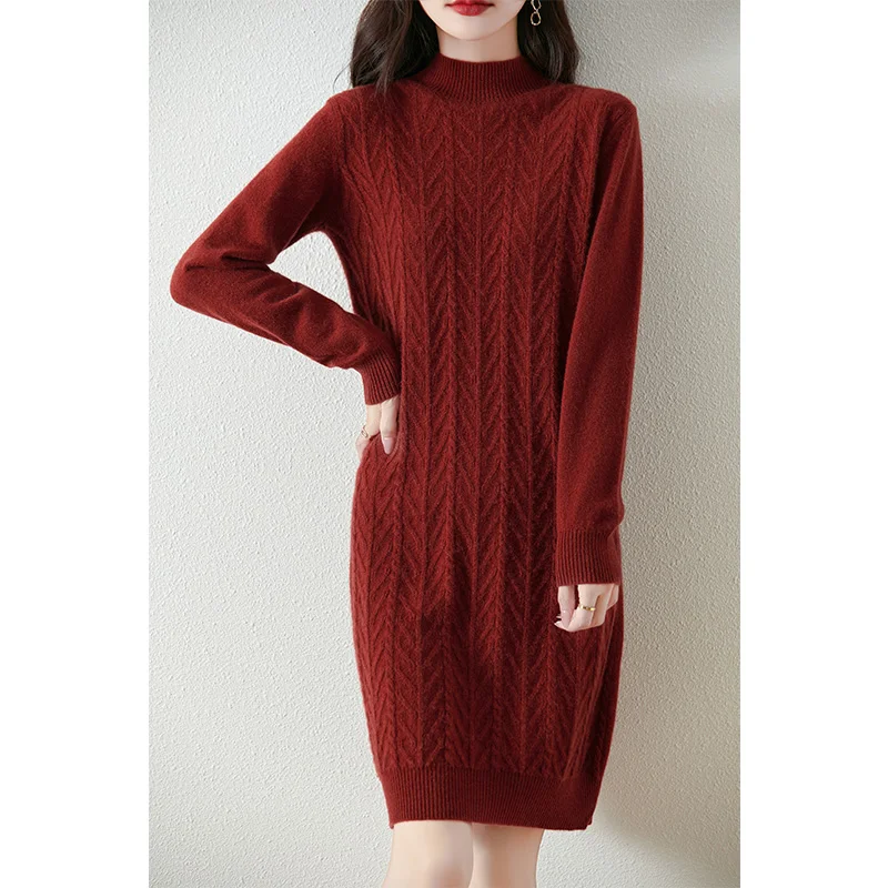 

Half High Collar 100% Wool Dress For Women's Autumn Winter New Style Solid Color Loose Casual Long Sleeved Pullover Knitted Top