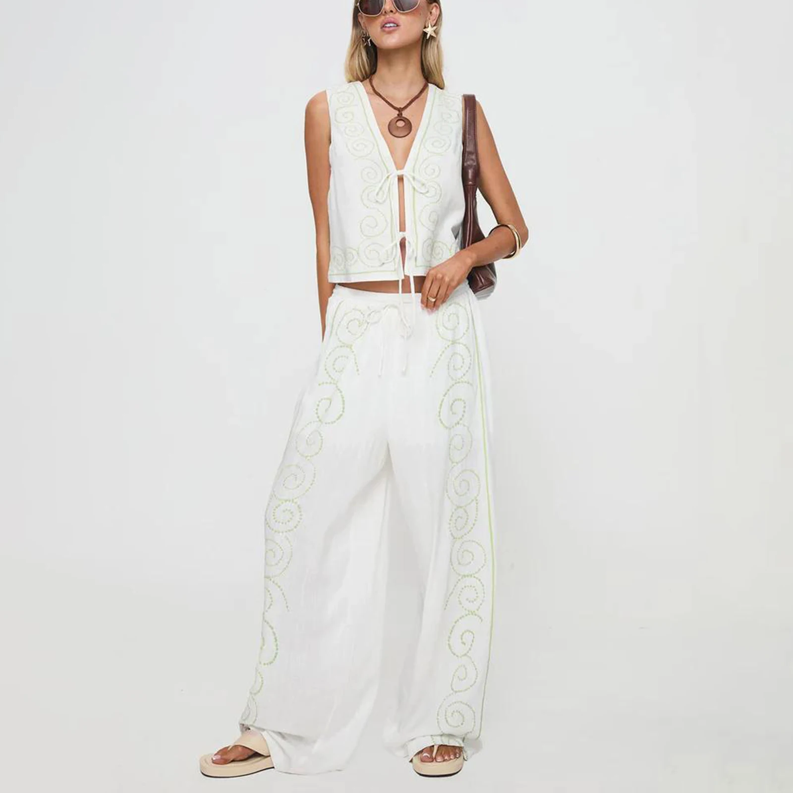 Women Summer Fashion Pants Set Circle Embroidery Tie-Up Front Tank Tops + Elastic Waist Long Pants 2 Pieces Clothes Set