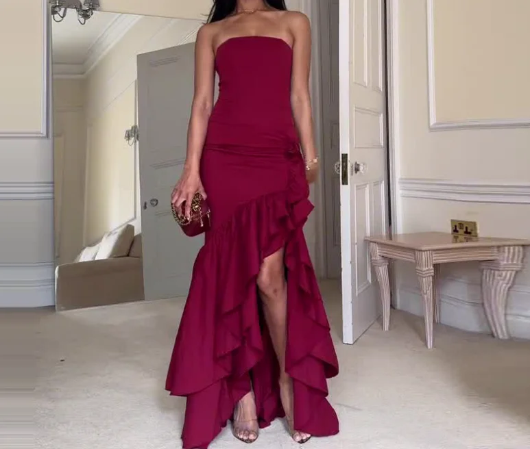 

Elegant Party Women's Dress Pleated Fish Tail Long Skirt for Summer Elegant Sexy Strapless Waist Cinching Pleated Evening Dress