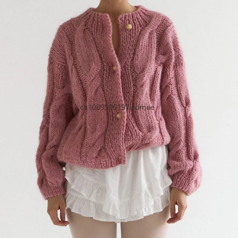 Women Chunky Knit Cardigan Oversized Puff Sleeve Sweater Jacket Vintage Loose Cropped Knitted Coat Fall Winter Casual Outerwear 3