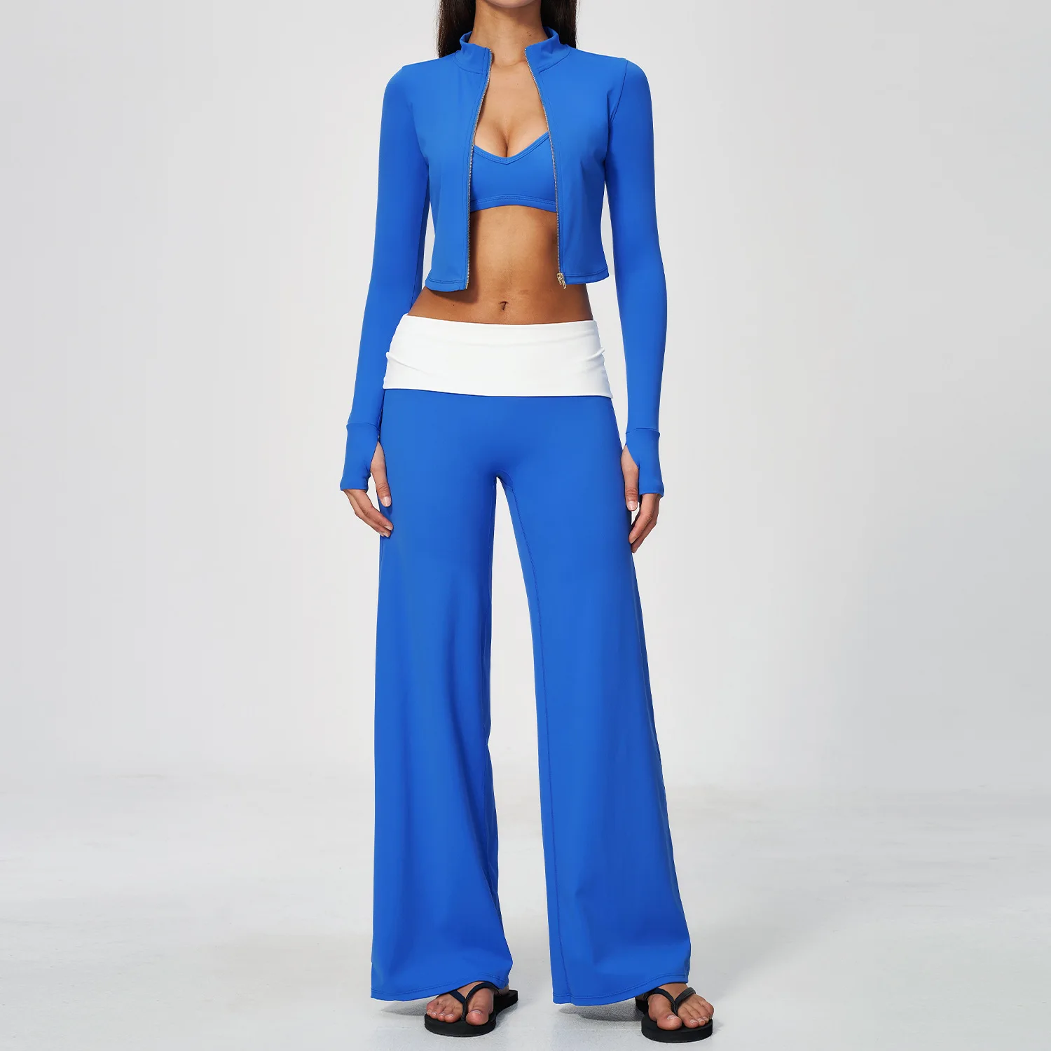 Women 3 Pcs Yoga Set Gym Clothing Fitness Suit Workout Tracksuit Running Sportswear Outfits Zip Jacket Wide Leg Pants Sports Bra
